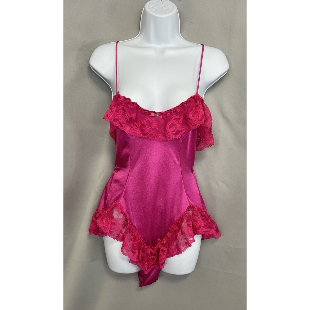 Vintage CINE STAR Hot Pink  Lace TEDDY ROMPER LINGERIE‎ - Size Small EUC Y2K